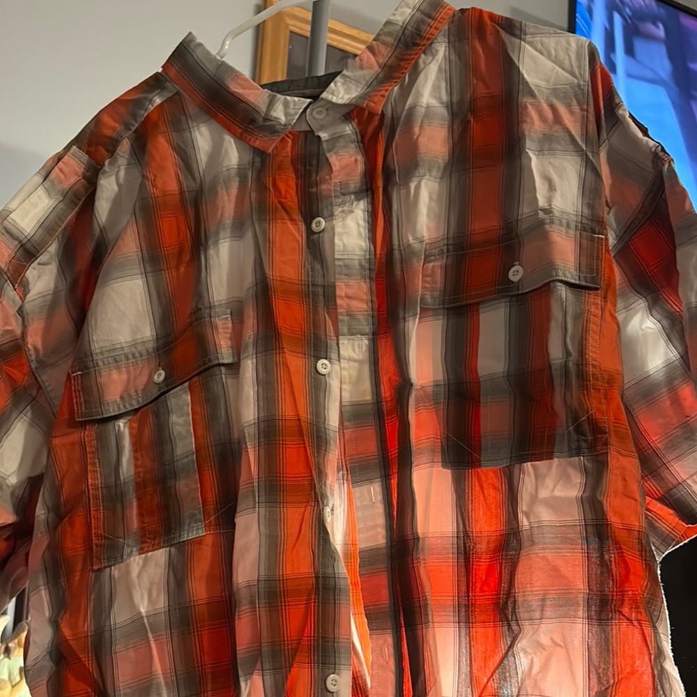 Orange and Gray Plaid Button-Up Shirt